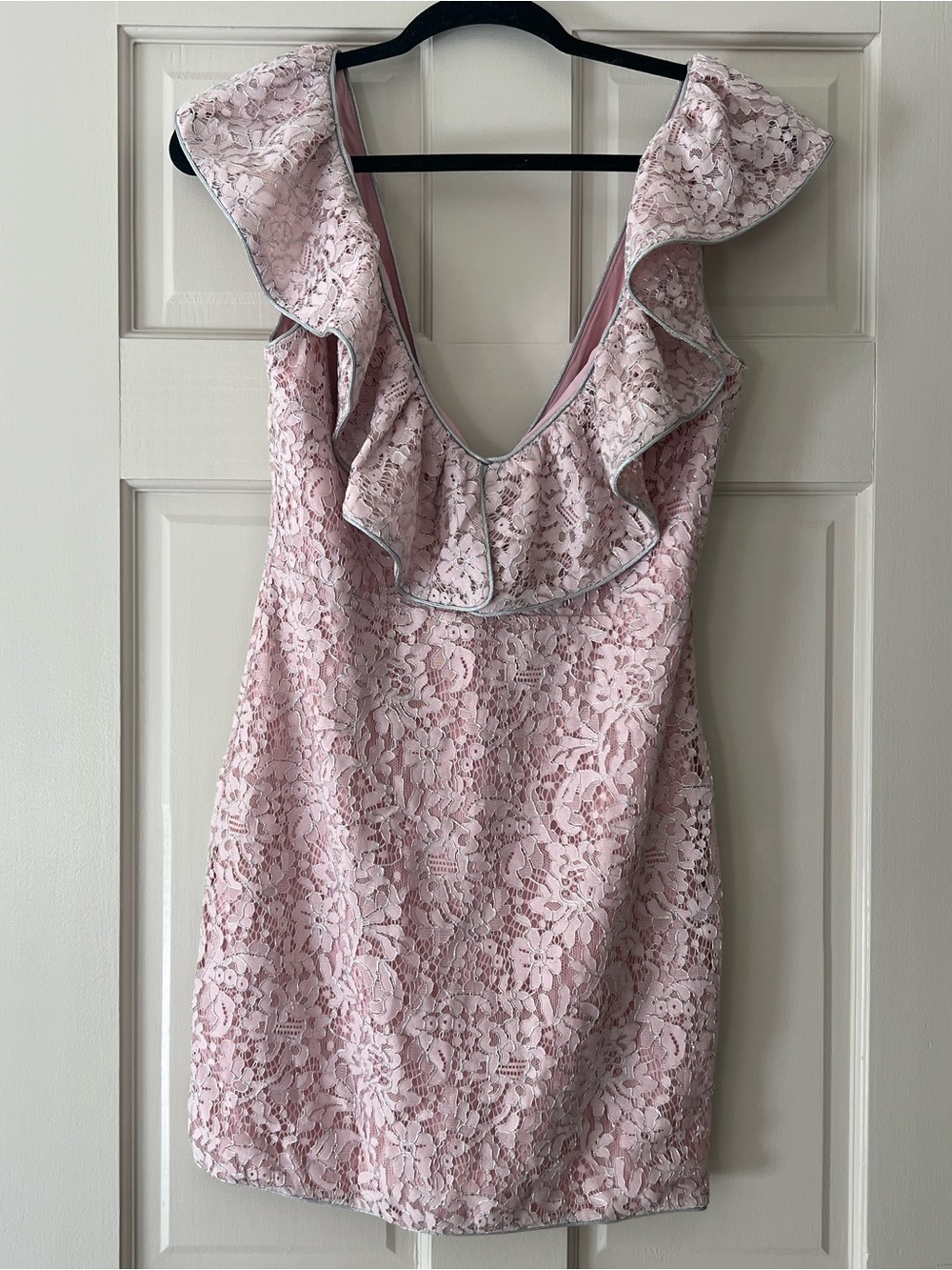NBD Pink Lace Mini Dress with Ruffle V-Neck